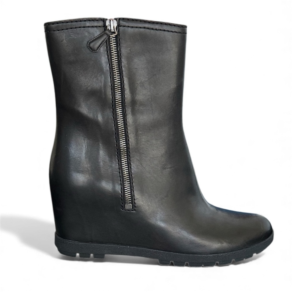 Prada Black Leather Hidden Wedge Ankle Bootie 9.5